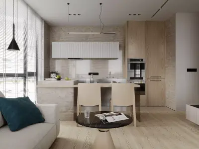 Living Room and Kitchen with Dinning Set Low-poly 3D model