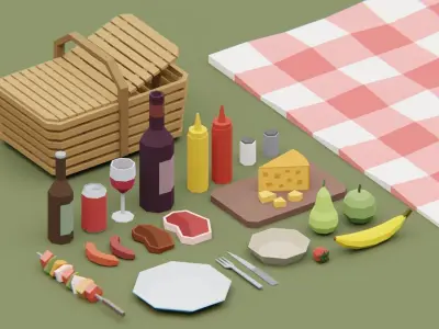 Camping picnic bbq props assets pack Low-poly 3D model
