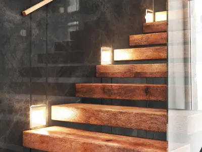 staircase02 wooden staircase with glass railings 3D model