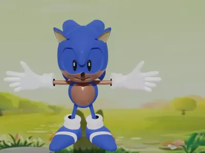 Sonic hedgehog on grassy field Low-poly 3D model