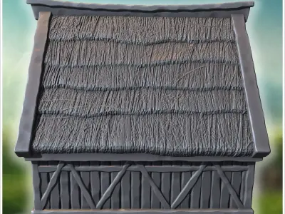 Medieval timber-framed house with thatched roof chimney and wood 3D print model