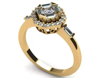Art Deco Halo Diamond Ring with Baguette Cut 3D print model