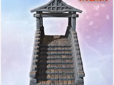 Ornamental stone bridge with steep stairs wooden railings and ti 3D print model