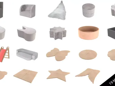 Kid room furniture set - poufs and mats and other for children 3D model