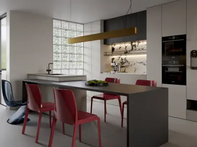 Modern living and dining room kitchen 3D model