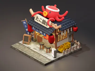 Japanese Takoyaki Stall - Cartoon Game Isometric Low-poly 3D model