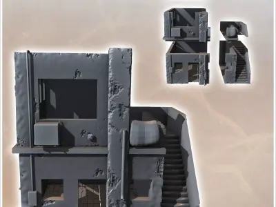 Modern flat-roofed desert building with side stairs and door cur 3D print model