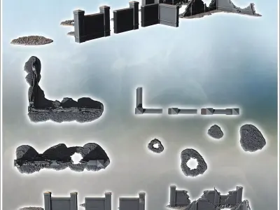 Series of damaged walls with broken sections rubble piles and in 3D print model