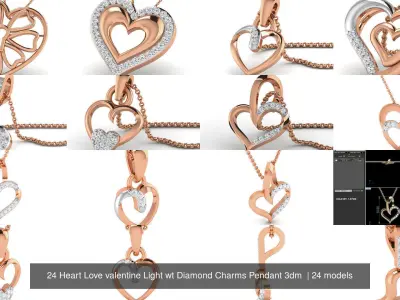 24 Heart Love valentine Light wt Diamond Charms Pendant 3dm  3D Model Pack