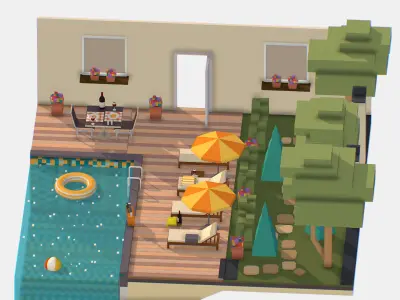 Relax by the pool on the sun loungers Low-poly 3D model