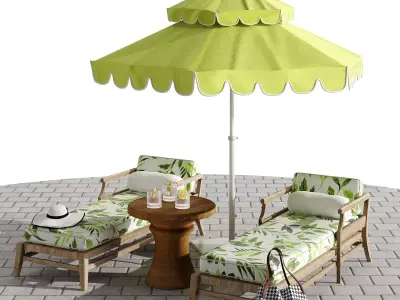 Beach umbrella and chaise longue set 6 3D model