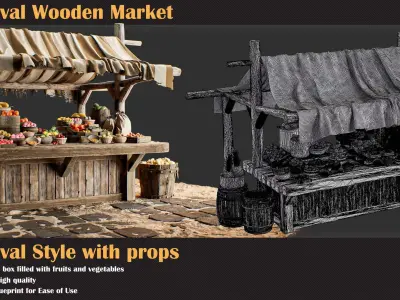 Medieval Wooden Market Pack Set 5 With Props 3D model