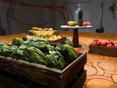 Realistic Fruit Market Scene 8 Crates Table Display Low-poly 3D model