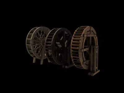 wooden water wheels set 02 3D model