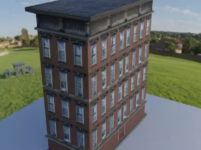 Building brick in middle of grassy field Low-poly 3D model