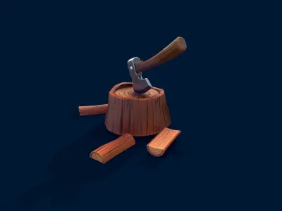 Stylized Stump and Axe Low-poly 3D model