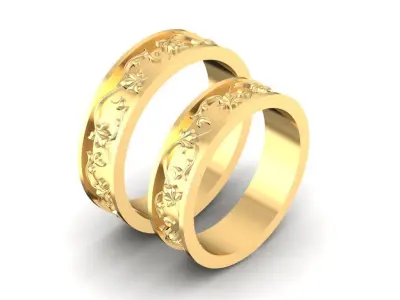 Elegant Floral Engraved Wedding Band Set for Men and Women 808 3D print model