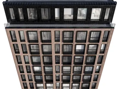 Modern residential facade 01 at night with interiors 3D model