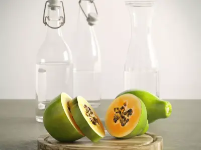 Clear bottles and fruit 3D model