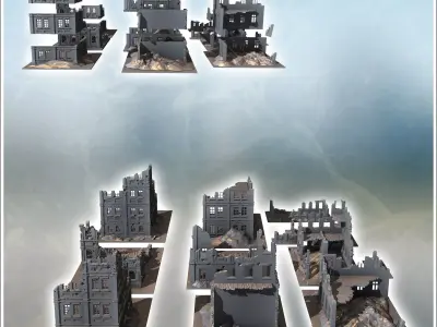 Set of twelve large modern and futuristic ruins with floors 4 -  3D print model