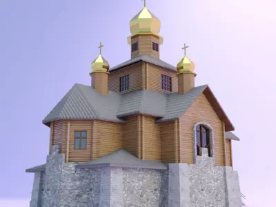 Church with a wooden log house 3D model