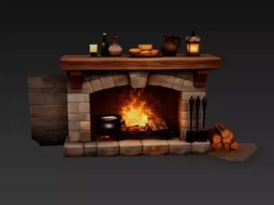 Medieval Stone Fireplace with Wooden Mantel - PBR Low-poly 3D model