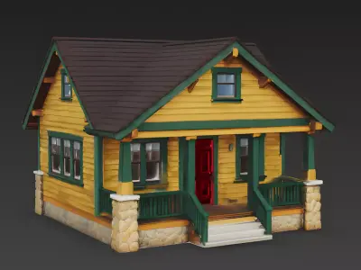 Sunny Yellow and Green Craftsman Bungalow 3D Model Low-poly 3D model