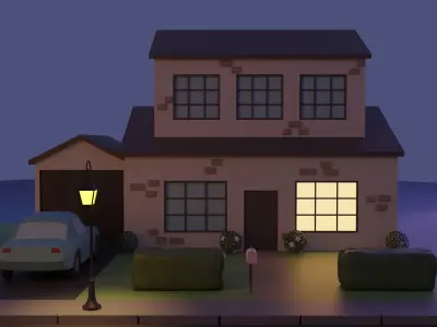 Neighborhood house and street at night Low-poly 3D model