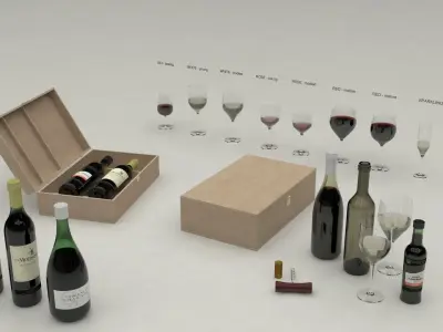 Wine set bottles in wooden box 3D model