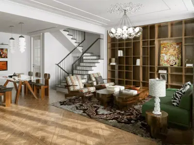 Living Room and Kitchen with Dinning Set Low-poly-135 Low-poly 3D model