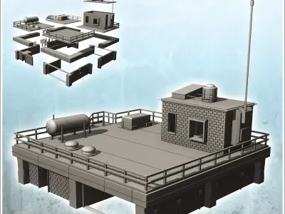 Industrial garage with rooftop annex and long antenna intact ver 3D print model