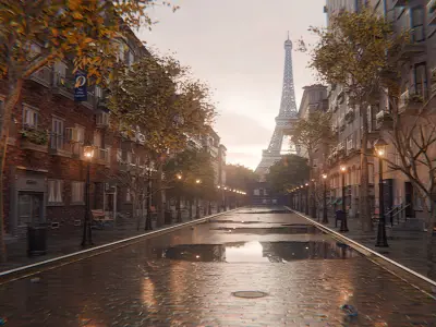 Paris Street Scene - Urban Wet Environment Scene 3D model