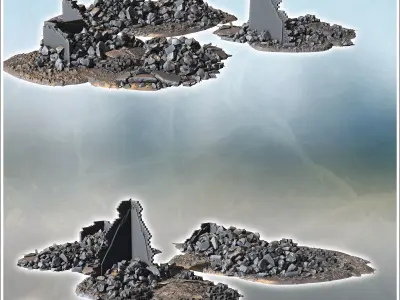 Ruined wall sections with large debris piles and scattered stone 3D print model