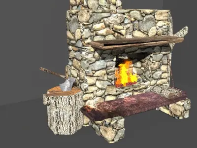 medieval stone fireplace old stove Low-poly 3D model