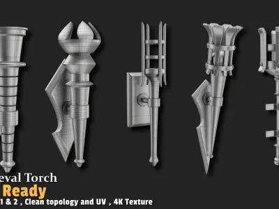 5 Medieval Torch Game Ready Low-poly 3D model