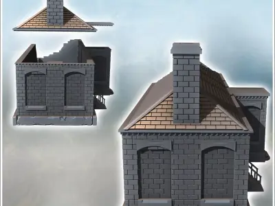 Damaged building with two stairway entrances bricked-up windows  3D print model