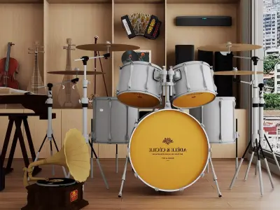 Music studio interior and instrument kit Low-poly 3D model