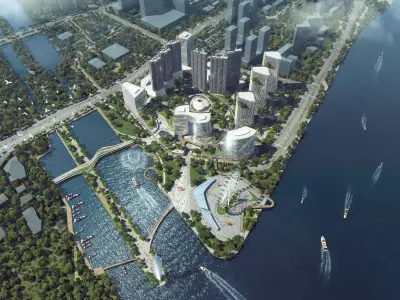 Riverfront Cityscape with Mixed-Use Towers and Ferris Wheel 3D model