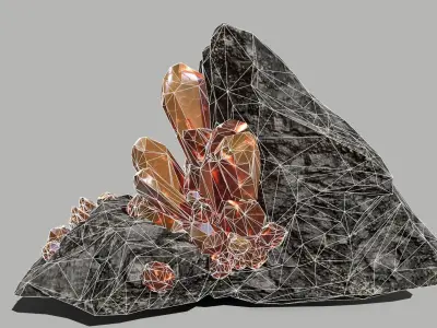 Crystal Set rock with orange crystals Low-poly 3D model