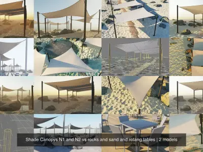 Shade Canopys N1 and N2 vs rocks and sand and rotang tables 3D Model Pack