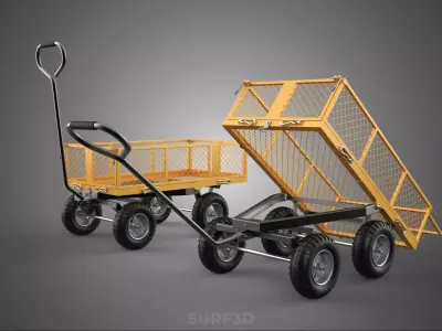 YELLOW ORANGE FOUR WHEELED WIREMESH NET CAGE CART WAGON TILT BED 3D model