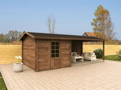 Garden shed with wooden canopy in exterior garden 3D model