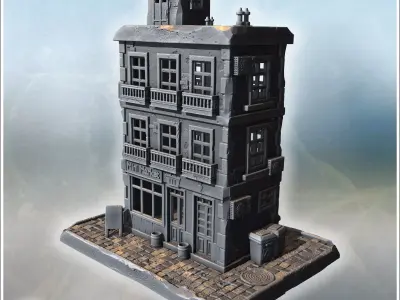 Mini market building with balconies detailed windows rooftop str 3D print model