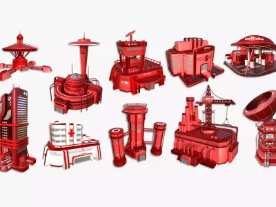 10 Sci Fi Buildings Collection E - Red - Exterior Design 3D Model Pack