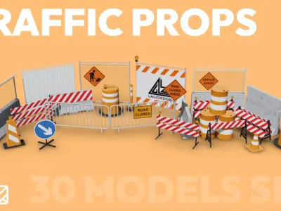 Traffic Props and Barricades Set Low-poly 3D model