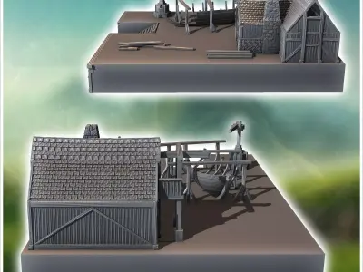 Medieval shipbuilding workshop with wooden boat parts under cons 3D print model