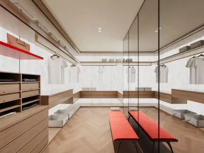 Modern Wooden Walk-in Closet with Red Bench 718 3D model