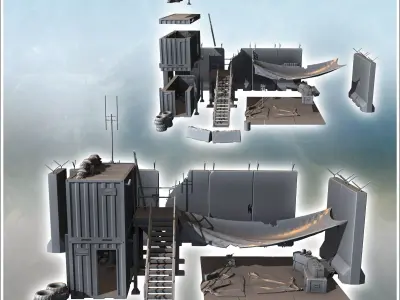 Vehicle repair center with container workshops and concrete wall 3D print model