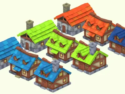 House Color Variations 3 Versions and Original version Set Low-poly 3D model
