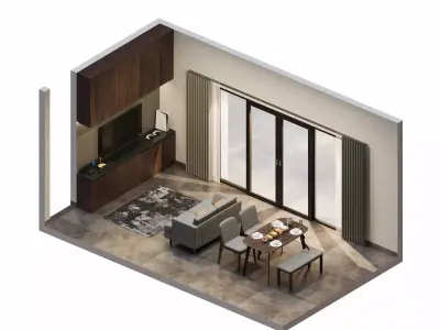 Isometric Open Space Living Dining Room 3D model